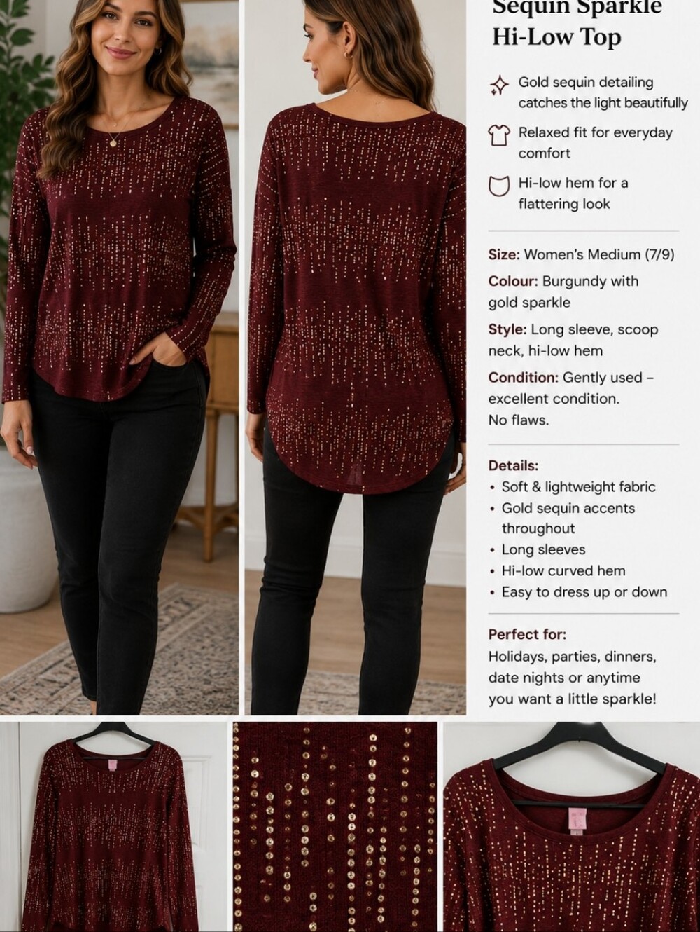No Boundaries Burgundy Crewneck Sweater with Rose Gold Sequin Detail